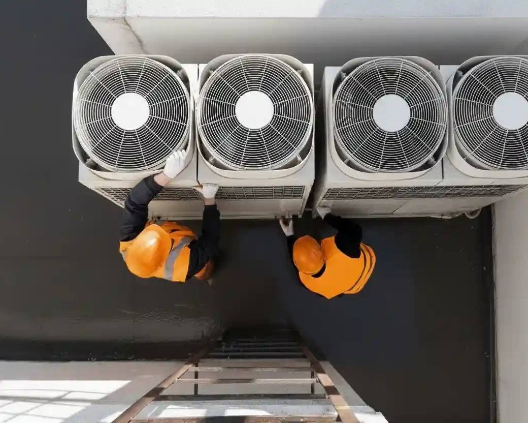 L'immagine raffigura due operatori che stanno agendo su motocondensanti industriali sul tetto di un edificio