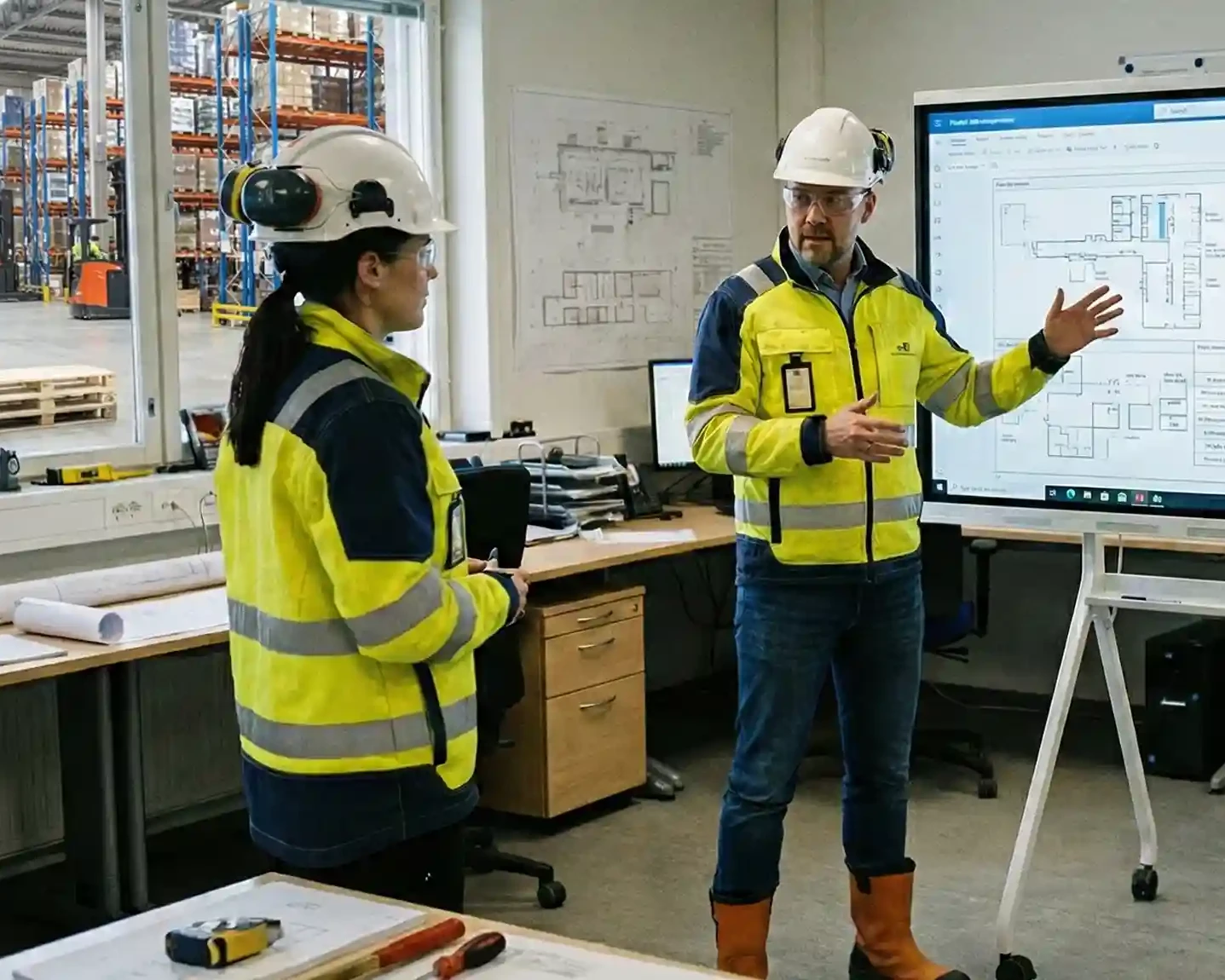 Due professionisti che progettano le operazioni da svolgere all'interno di un magazzino