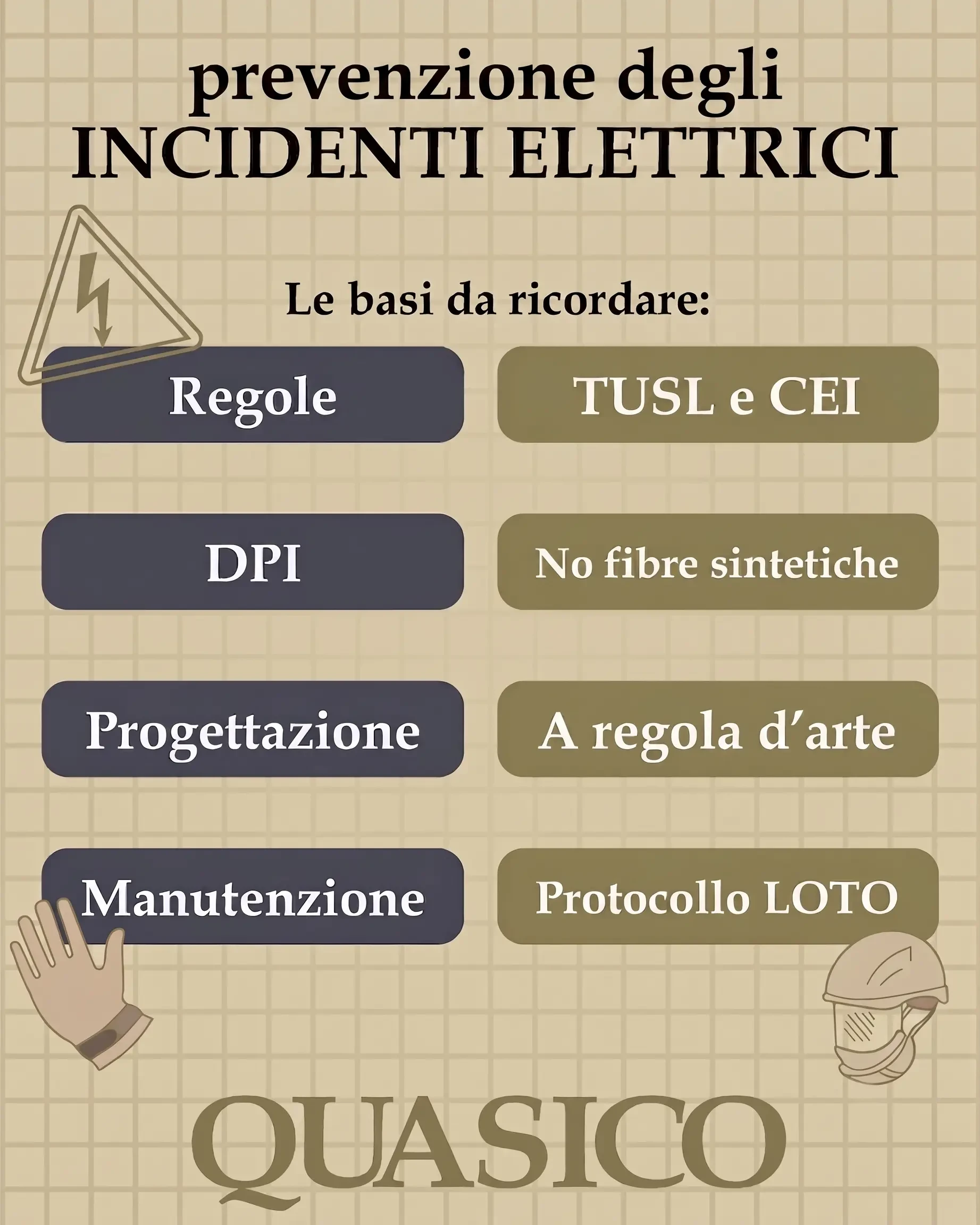 Le basi da ricordare Regole: TUSL e CEI DPI: no fibre sintetiche Progettazione: a regola d'arte Manutenzione: Protocollo LOTO