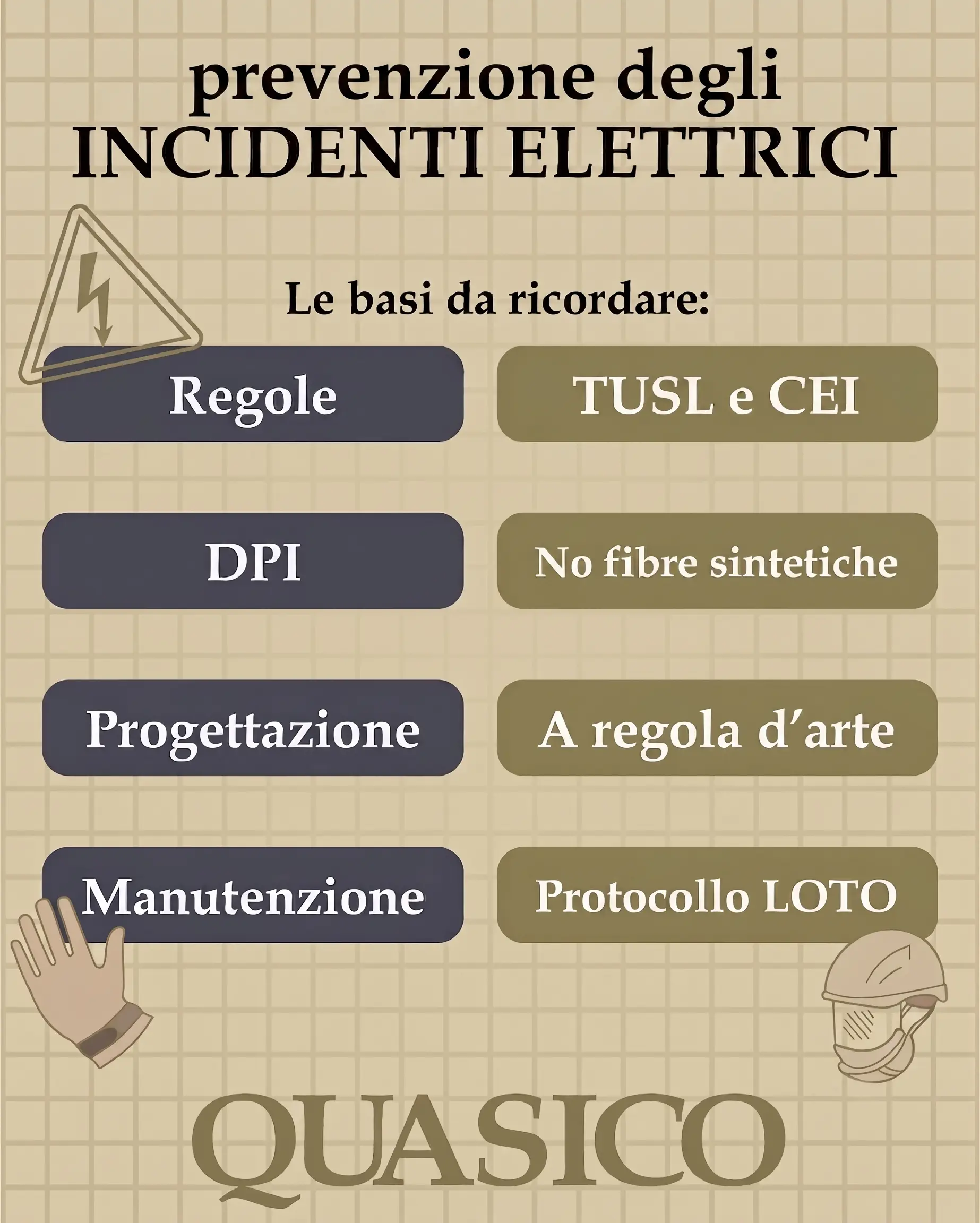Le basi da ricordare Regole: TUSL e CEI DPI: no fibre sintetiche Progettazione: a regola d'arte Manutenzione: Protocollo LOTO